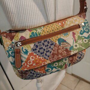 3360 Small Fossil Crossbody Pail Yellow Print Leather Bag.